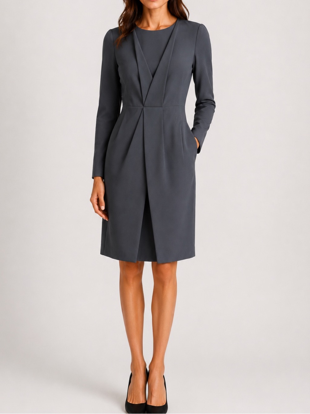 Armani Collezioni Gray Draped V-Neck Long-Sleeve Sheath Dress with Pockets.